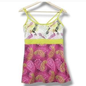Soybu Fitness Workout Tank Top Womens Large Bright Vivid Pink Green Paisley Bird